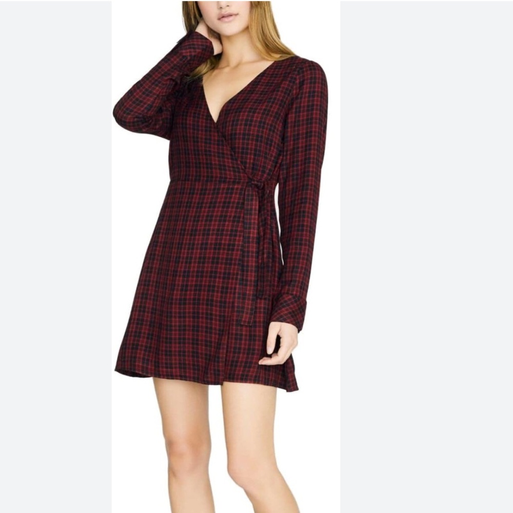 Sanctuary Red Black Plaid Wrap Dress Size 12 Long Sleeve Mini